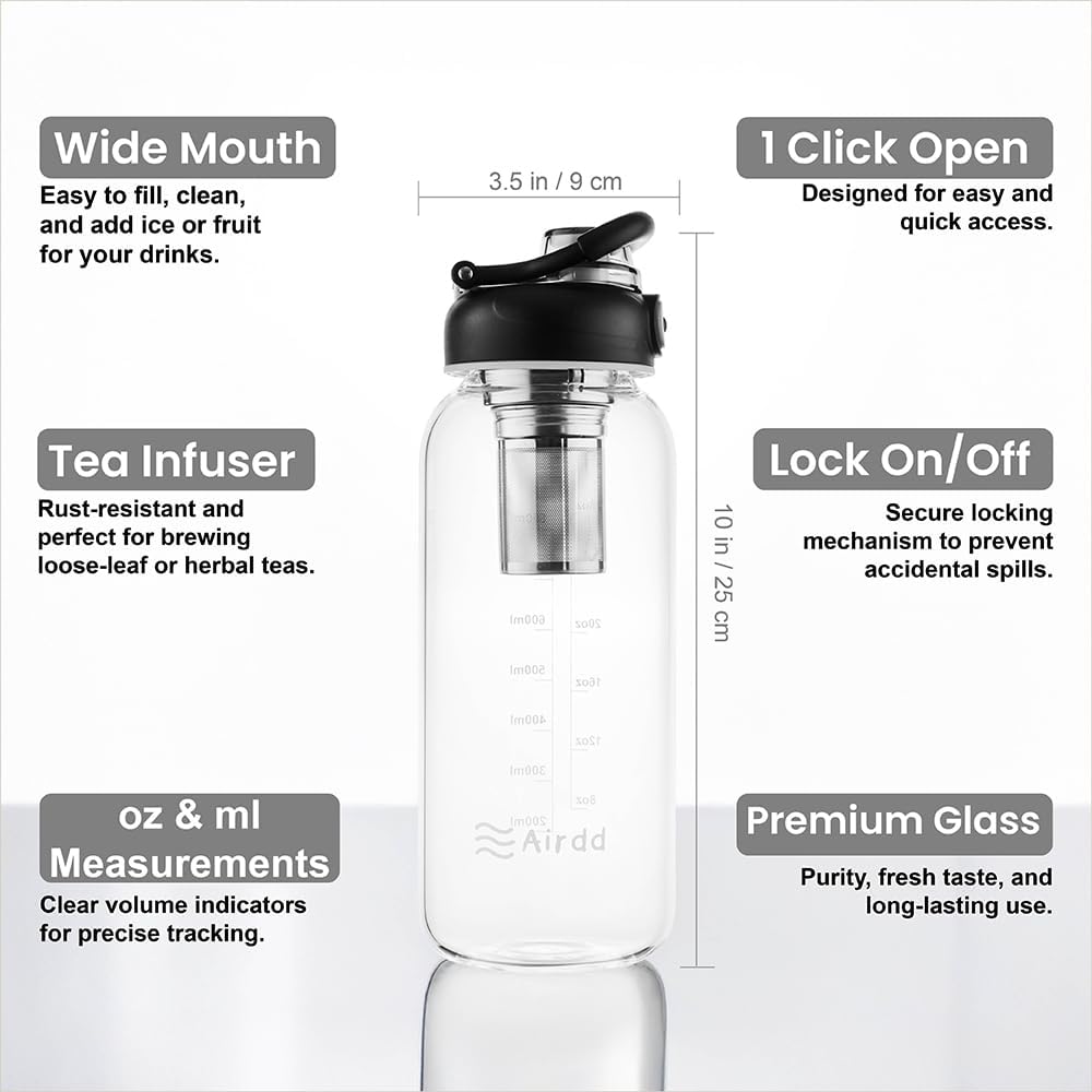glass water bottle 1 litre with tea dimension