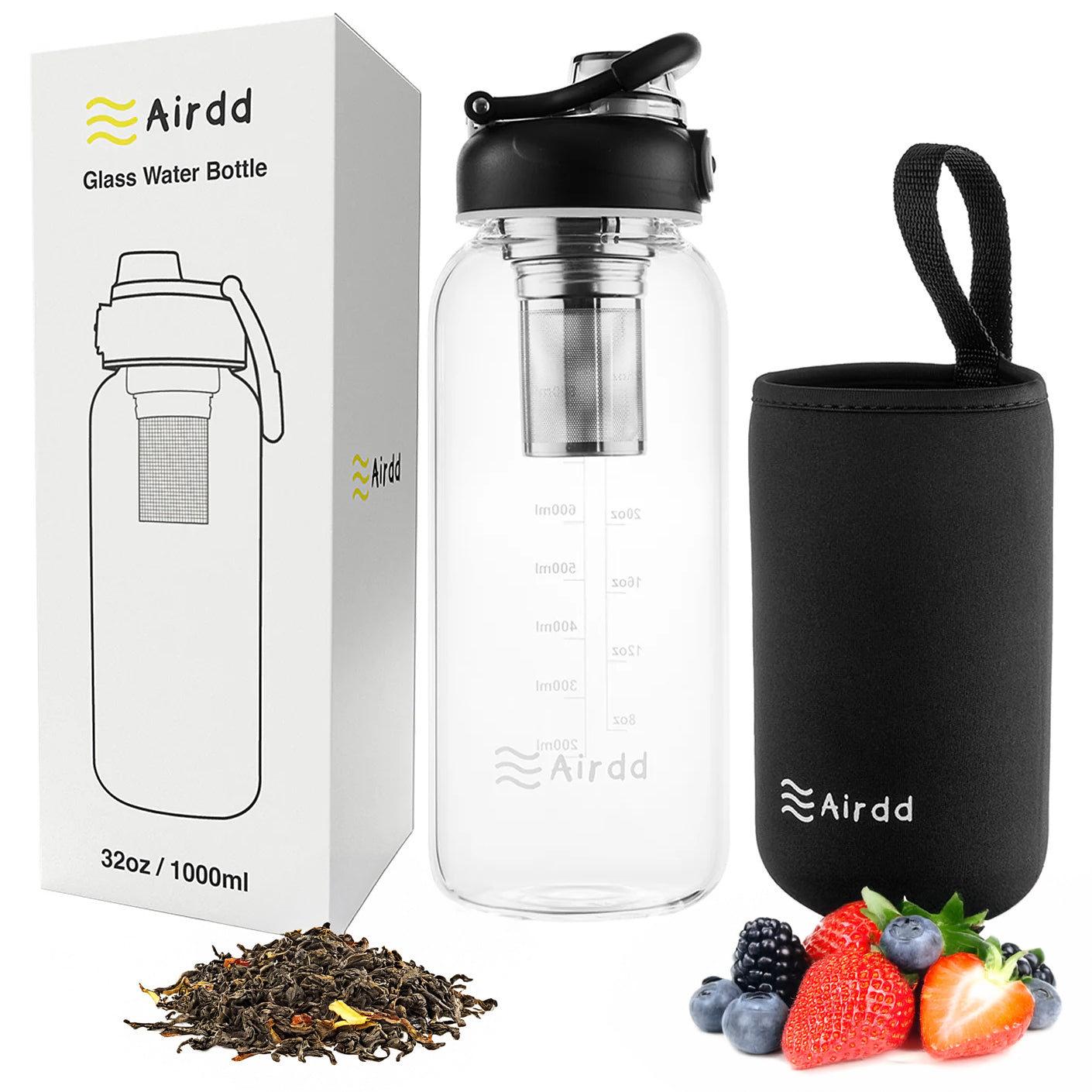 Airdd Glass Water bottle 1000ml with tea infuser